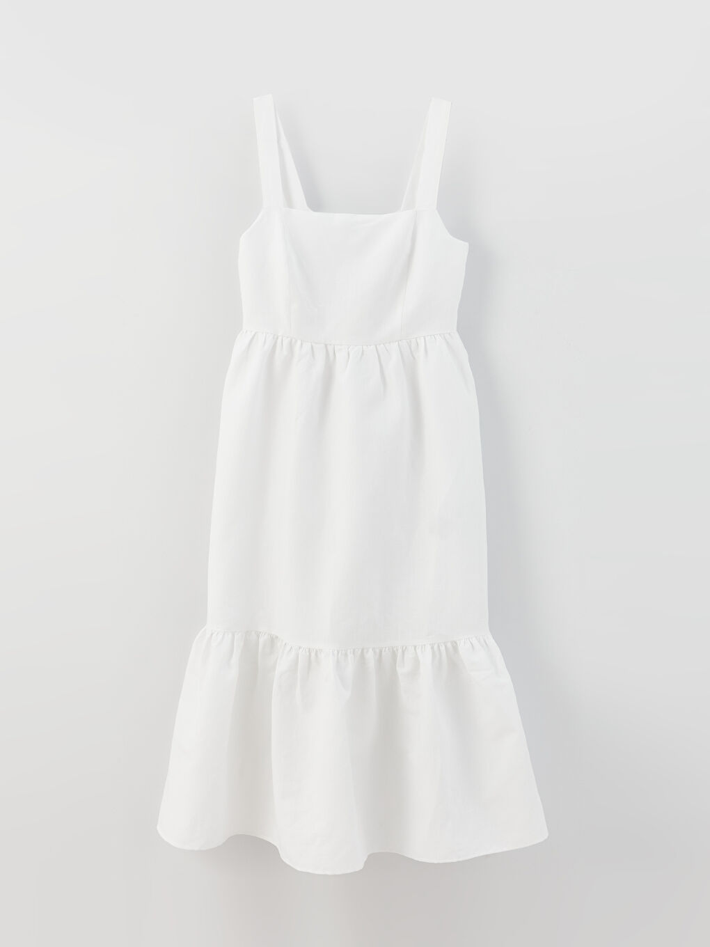 Beyaz Kare Yaka Düz Askılı Keten Karışımlı Kadın Elbise-7