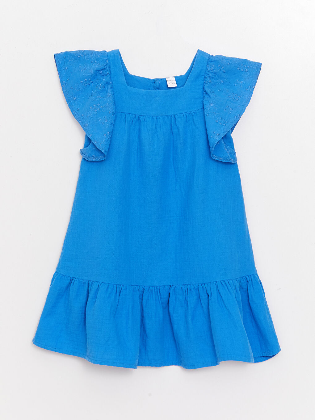 Mavi Kare Yaka Nakışlı Kısa Kollu Kız Çocuk Elbise-3
