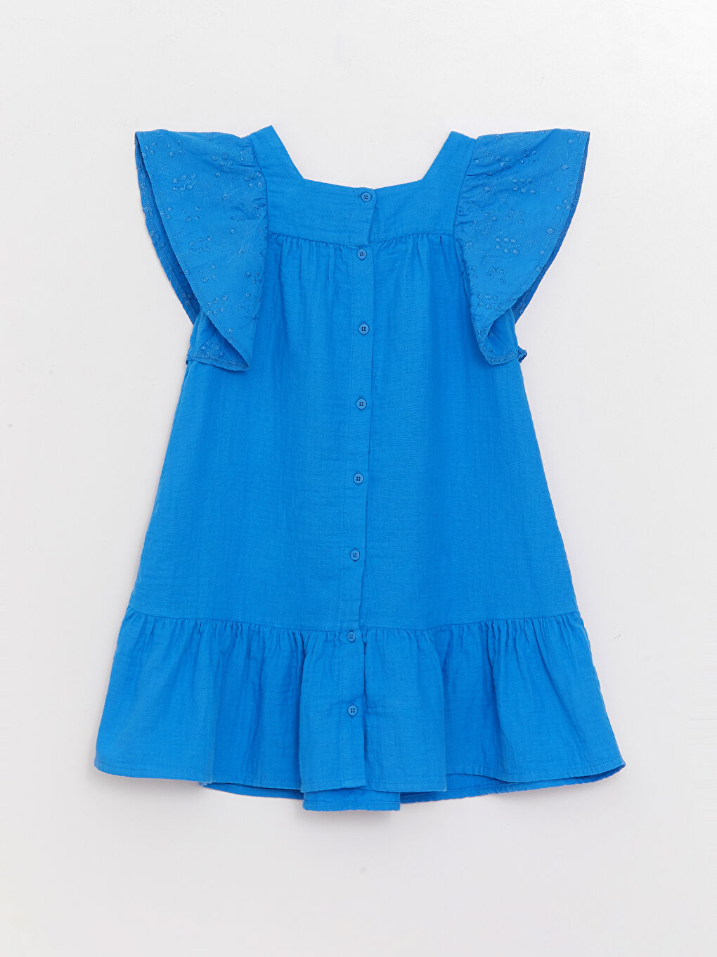 Mavi Kare Yaka Nakışlı Kısa Kollu Kız Çocuk Elbise-4