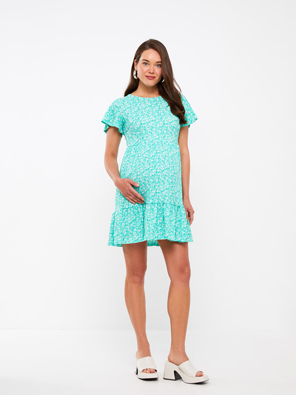 Crew Neck Floral Short Sleeve Crinkled Maternity Dress -S3HJ22Z8-LRR