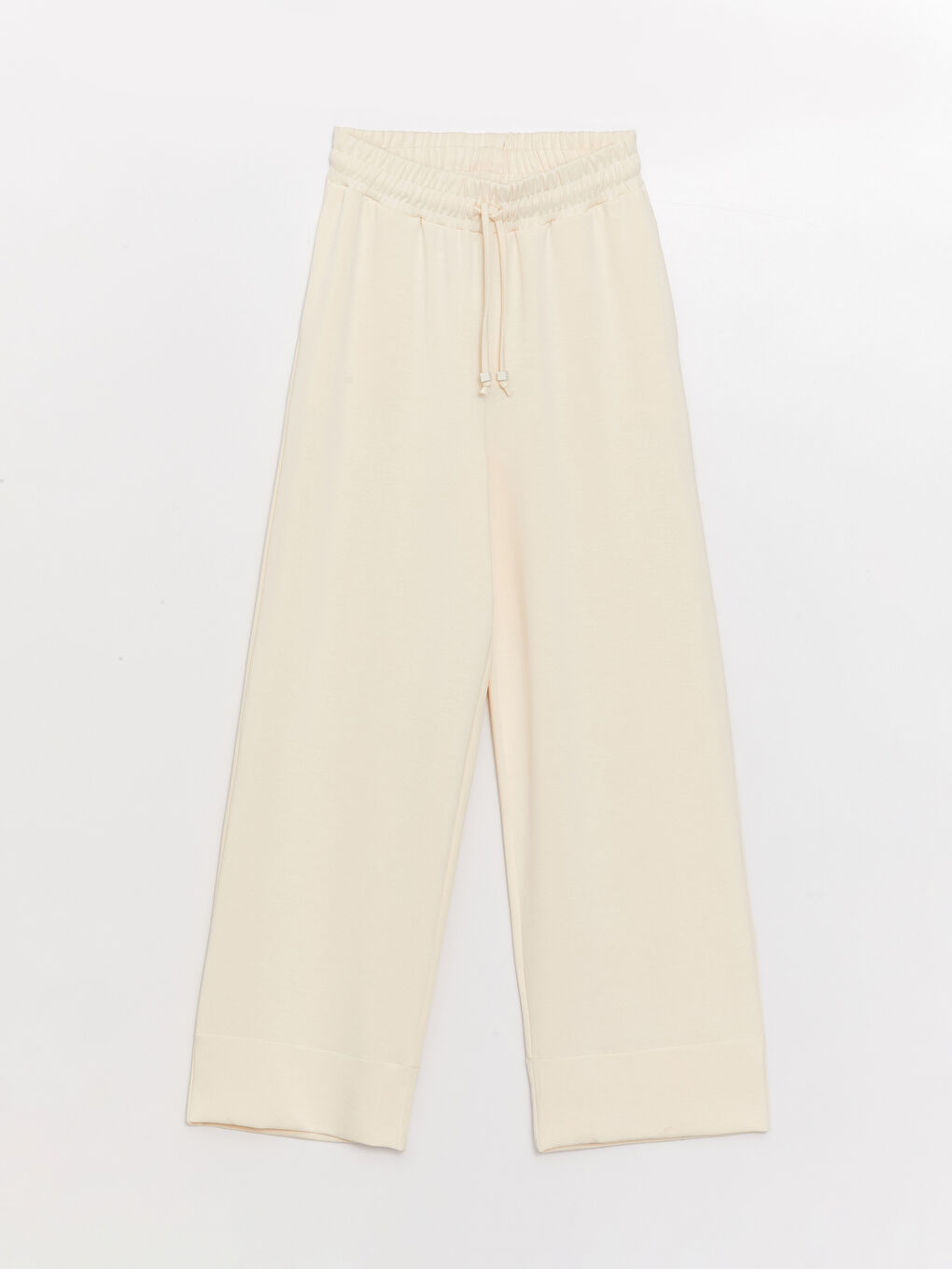 Ekru Beli Lastikli Düz Geniş Paça Kadın Eşofman Altı-5