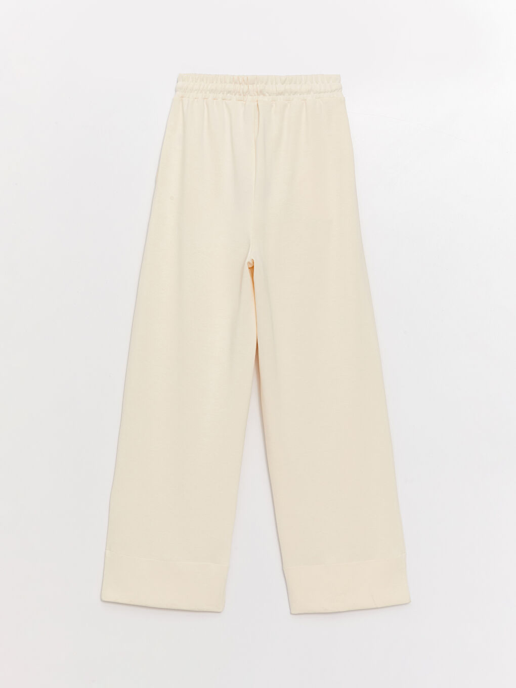 Ekru Beli Lastikli Düz Geniş Paça Kadın Eşofman Altı-6