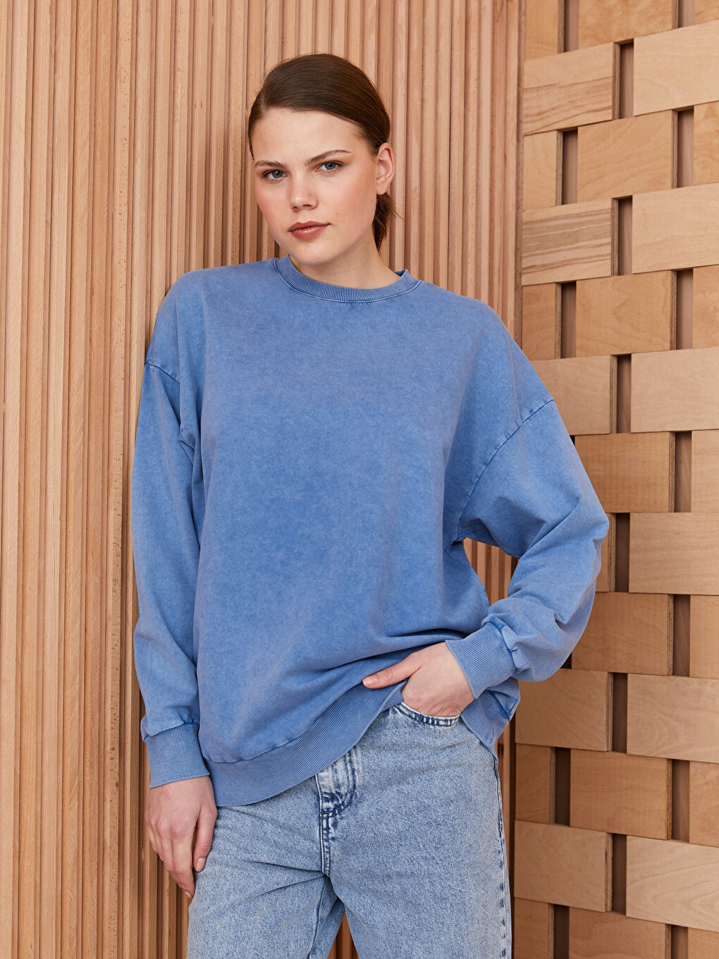 Mavi Bisiklet Yaka Düz Oversize Kadın Sweatshirt Tunik