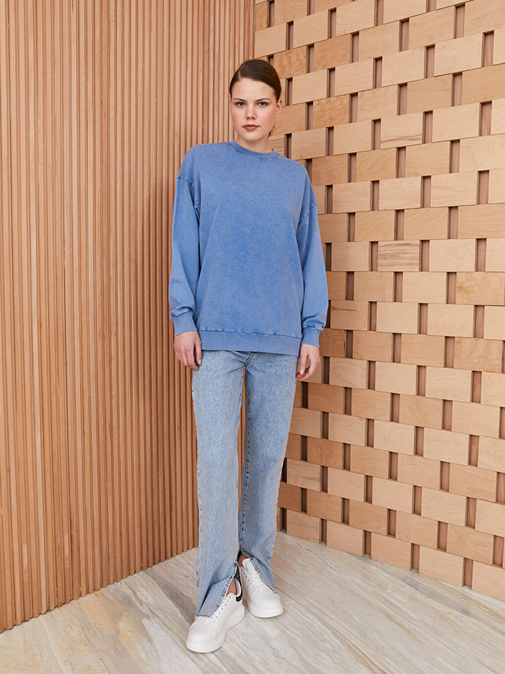 Mavi Bisiklet Yaka Düz Oversize Kadın Sweatshirt Tunik-2