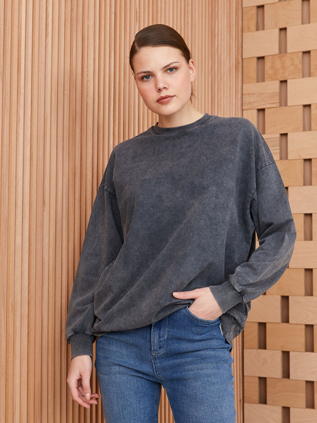 Antrasit Bisiklet Yaka Düz Oversize Kadın Sweatshirt Tunik