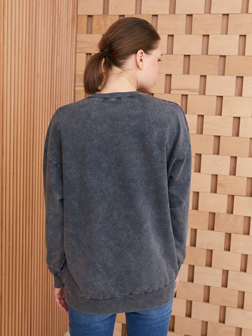 Antrasit Bisiklet Yaka Düz Oversize Kadın Sweatshirt Tunik-4