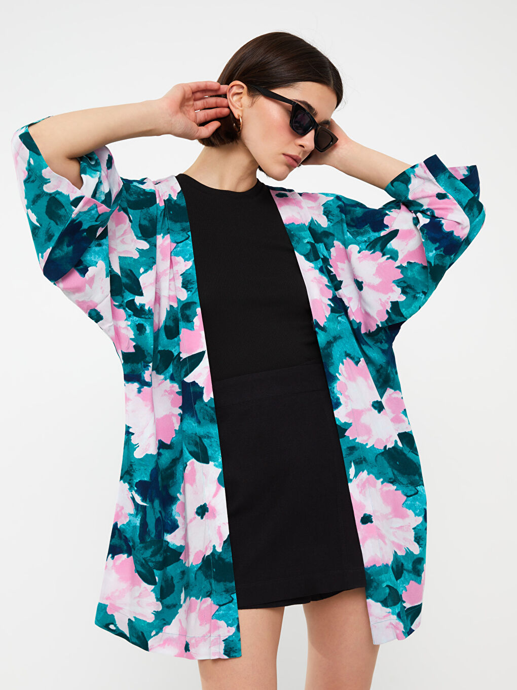LCW Vision Shawl Collar Patterned Oversize Women's Kimono -S3HJ52Z8-LT9