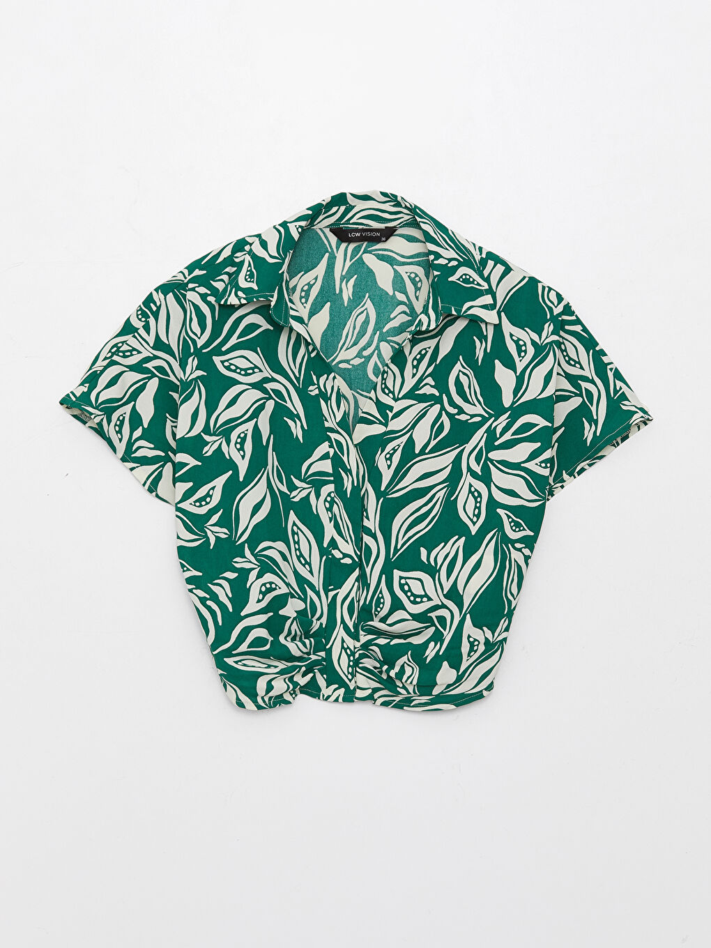 Shirt Collar Patterned Short Sleeve Crop Women's Blouse-5