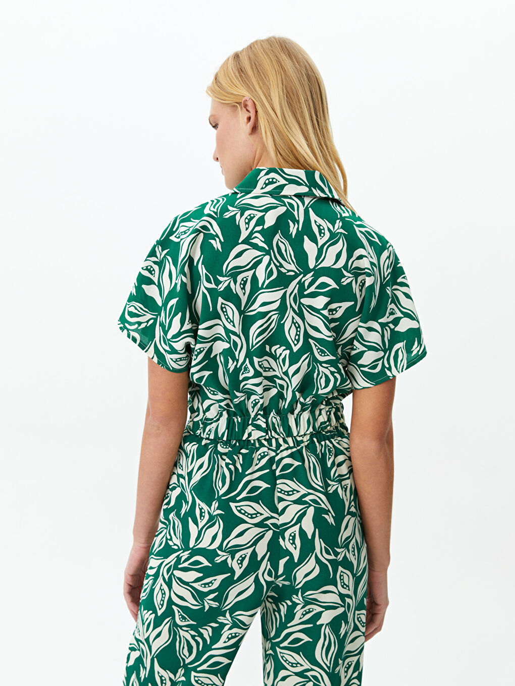 Shirt Collar Patterned Short Sleeve Crop Women's Blouse-4