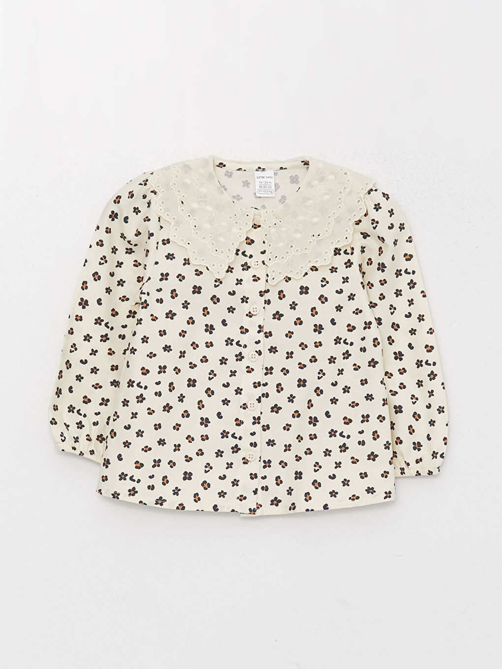 Ekru Bebe Yaka Uzun Kollu Desenli Kız Bebek Gömlek