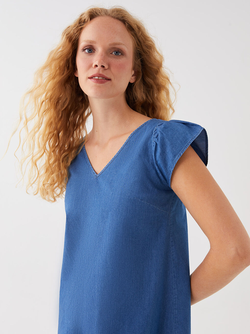 فستان جينز عنق V فورم كم قصير واسع نساء-2