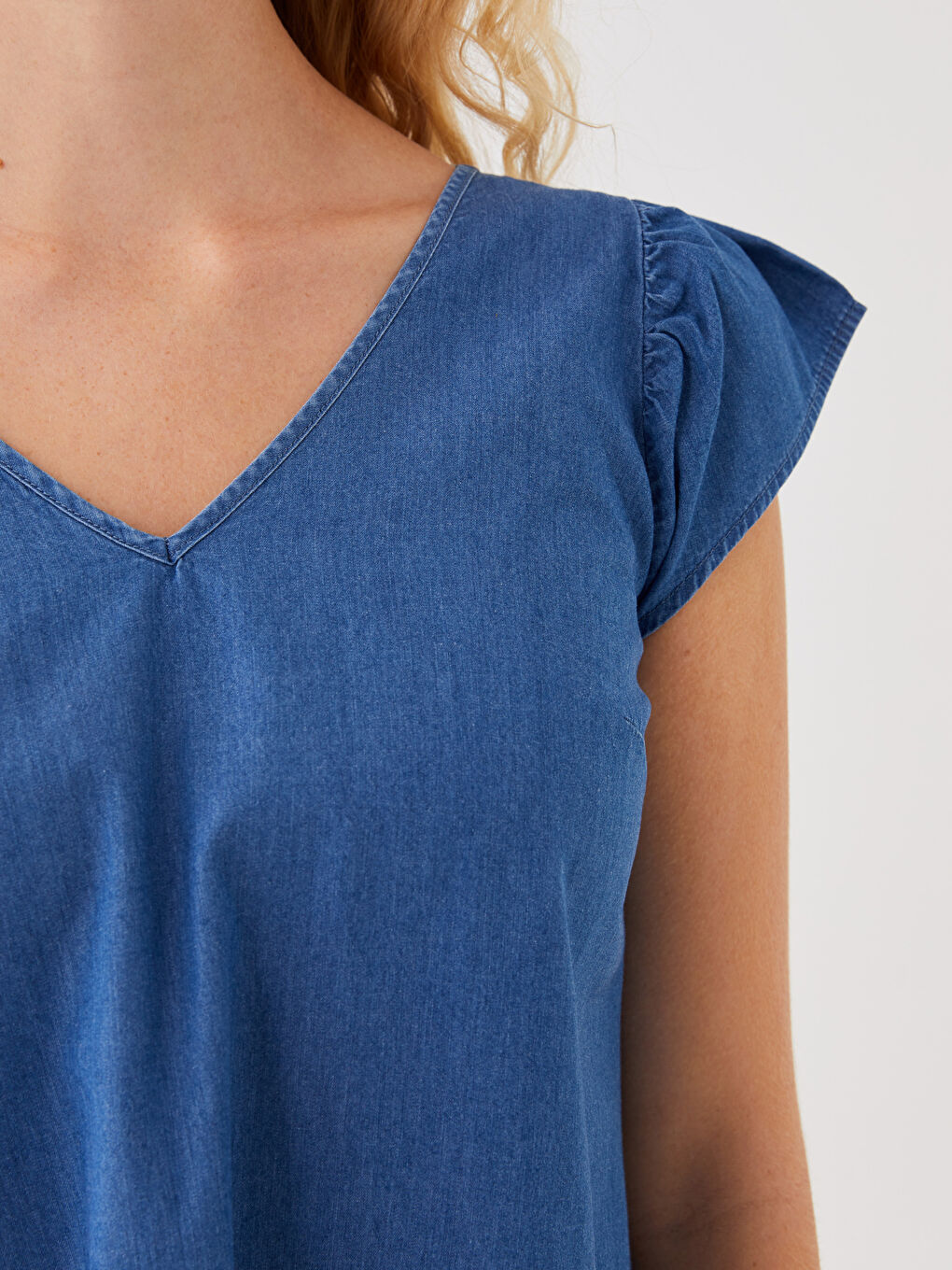 فستان جينز عنق V فورم كم قصير واسع نساء-3