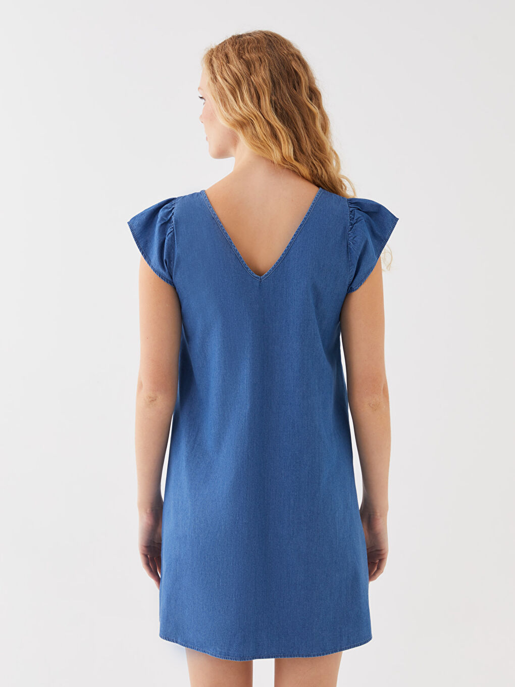 فستان جينز عنق V فورم كم قصير واسع نساء-4