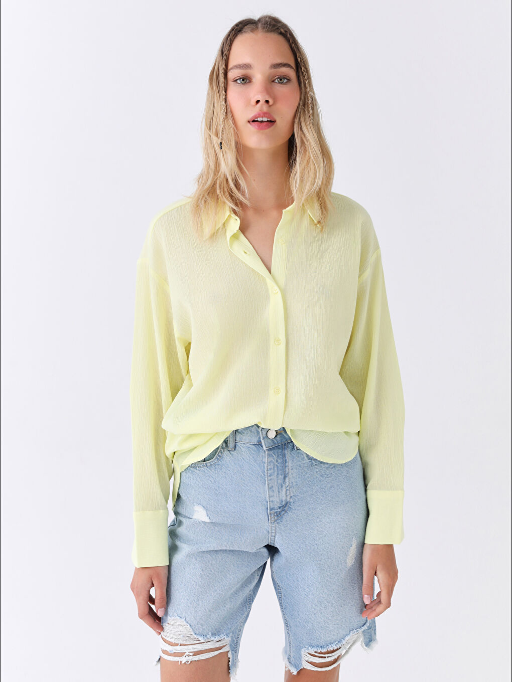 Yeşil Düz Uzun Kollu Oversize Krinkle Kadın Gömlek