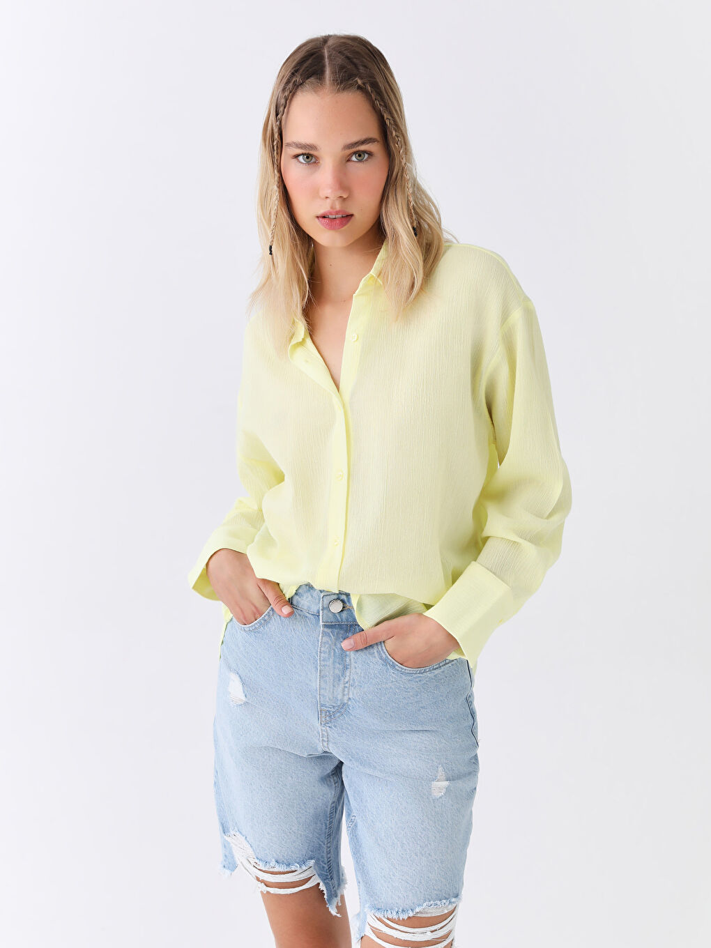 Yeşil Düz Uzun Kollu Oversize Krinkle Kadın Gömlek-1