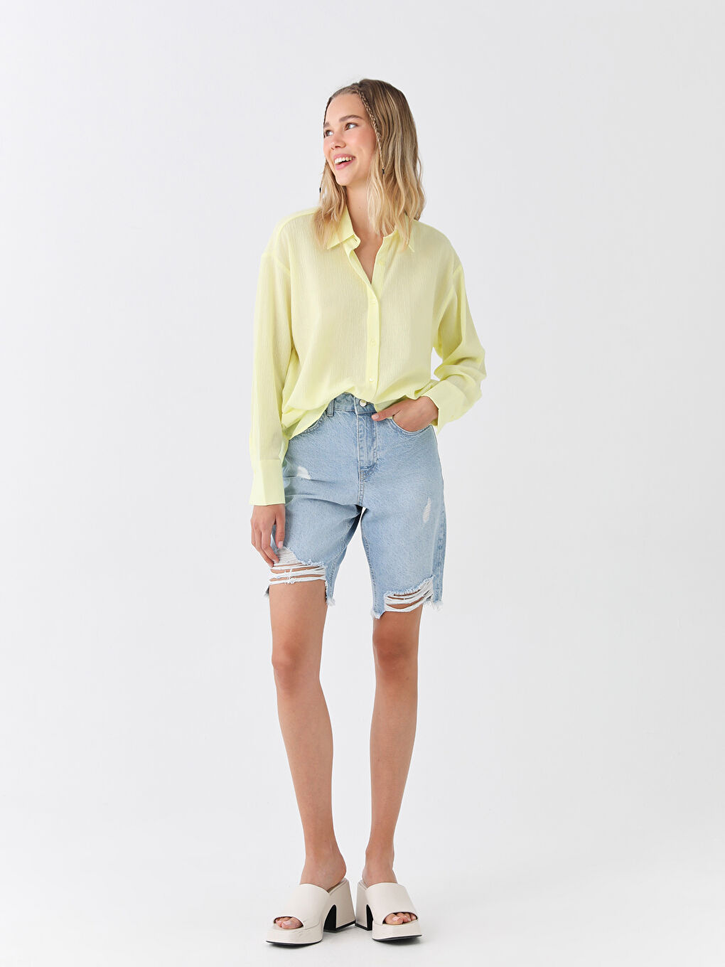 Yeşil Düz Uzun Kollu Oversize Krinkle Kadın Gömlek-2