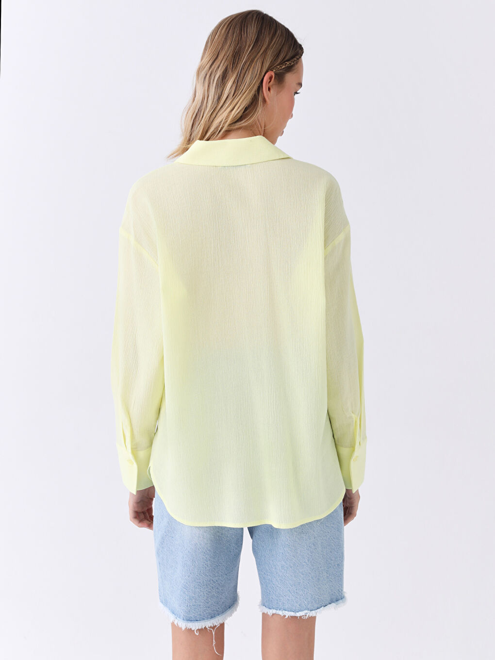 Yeşil Düz Uzun Kollu Oversize Krinkle Kadın Gömlek-4