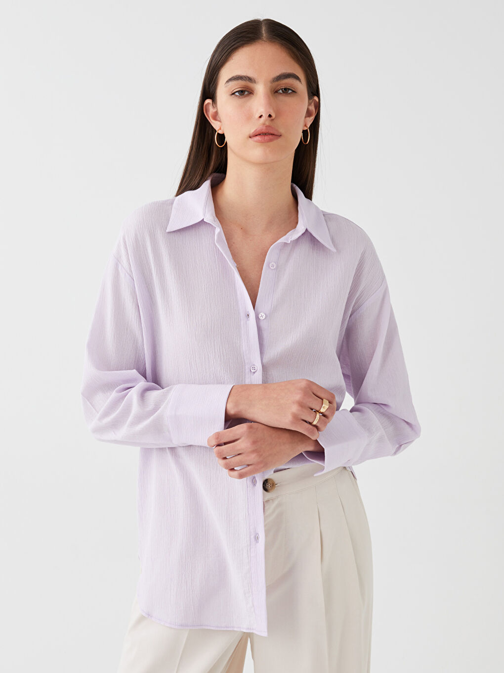 قميص سادة كم طويل واسع كِشكِش للسيدات-1