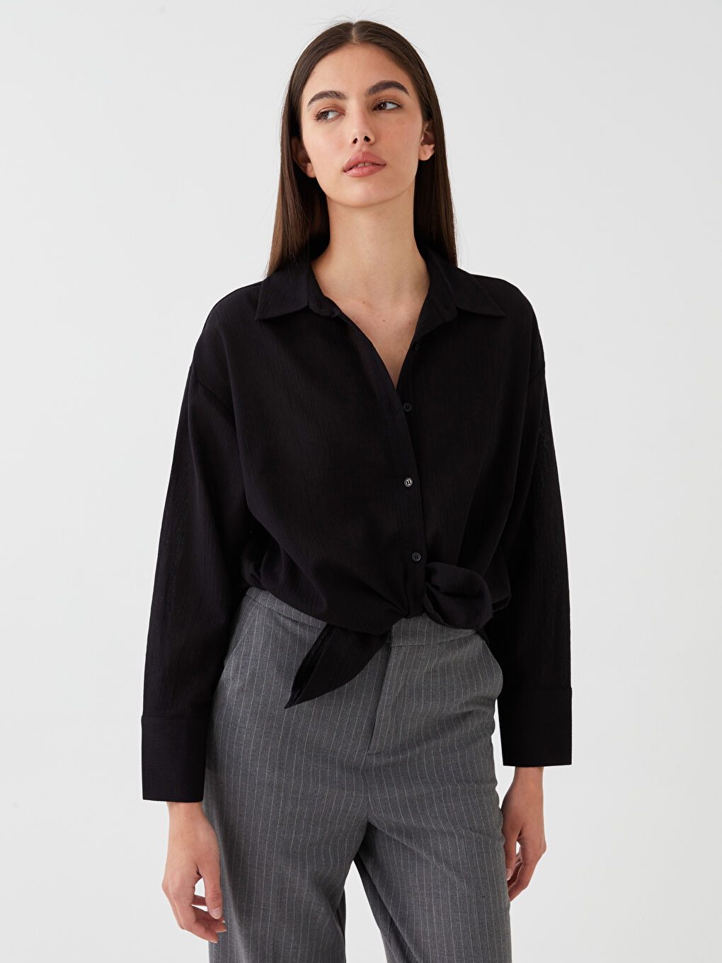 LCW Vision Plain Long Sleeve Oversize Crinkle Women's Shirt -S3HJ87Z8-RQN