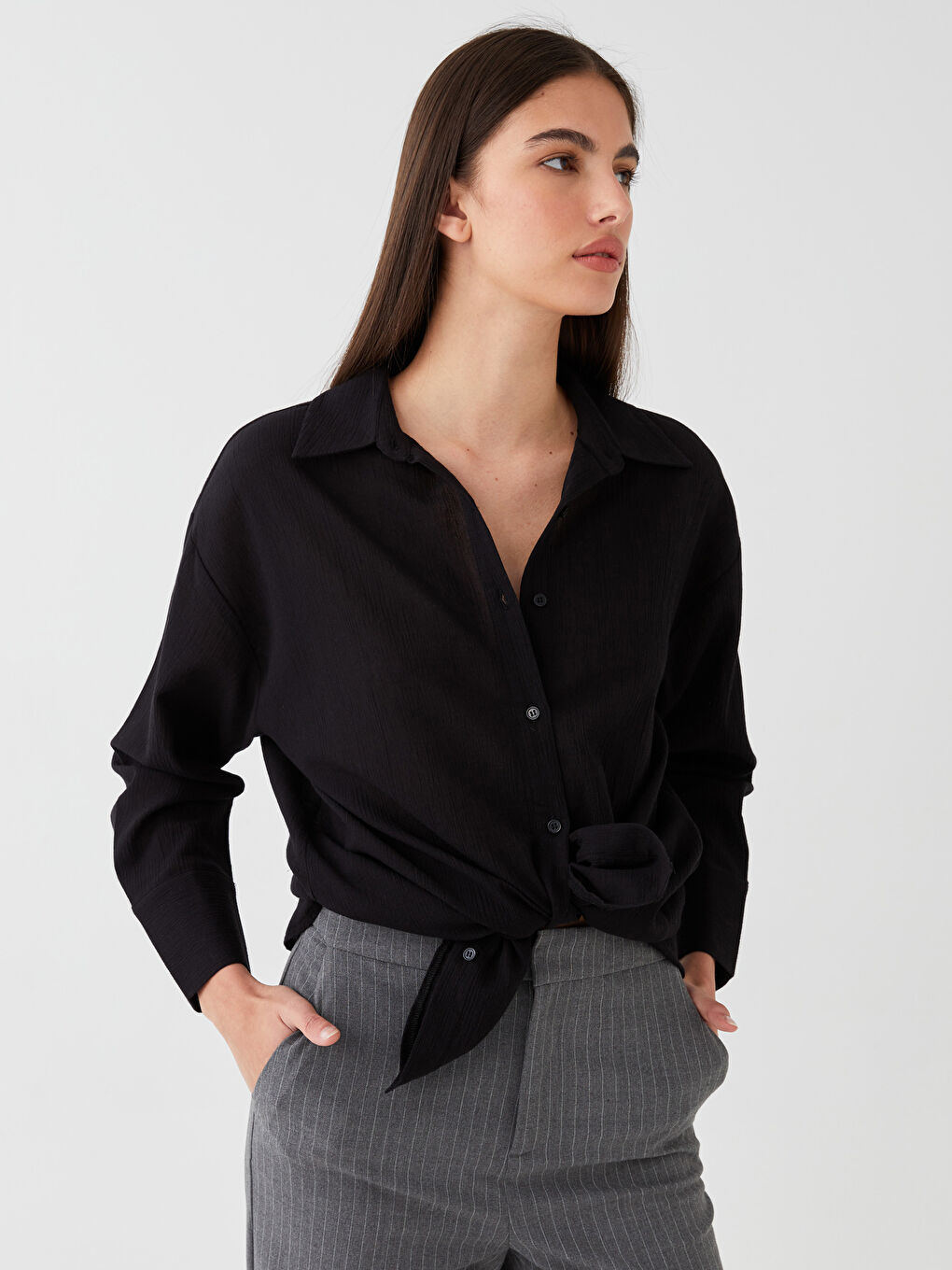 LCW Vision Plain Long Sleeve Oversize Crinkle Women's Shirt -S3HJ87Z8-RQN