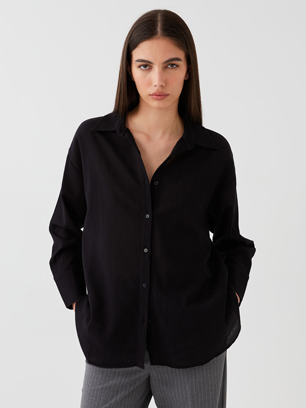 LCW Vision Plain Long Sleeve Oversize Crinkle Women's Shirt -S3HJ87Z8-RQN
