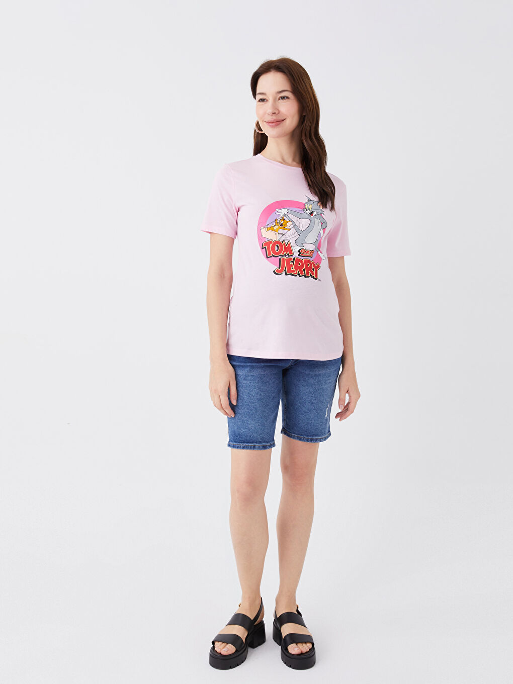 Crew Neck Tom and Jerry Printed Short Sleeve Maternity T-Shirt