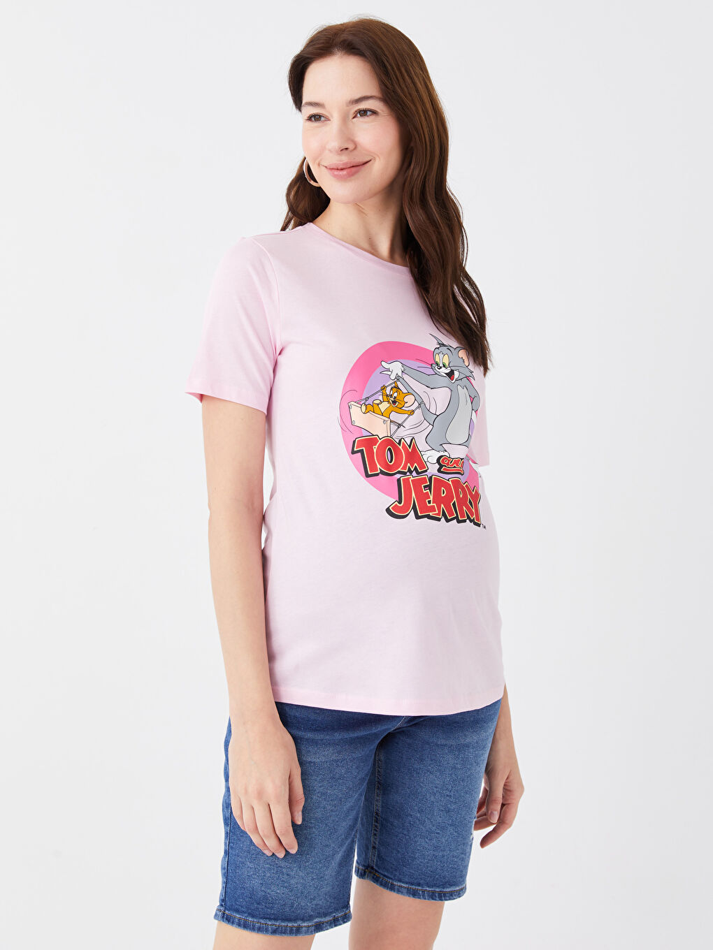 Crew Neck Tom and Jerry Printed Short Sleeve Maternity T-Shirt-1