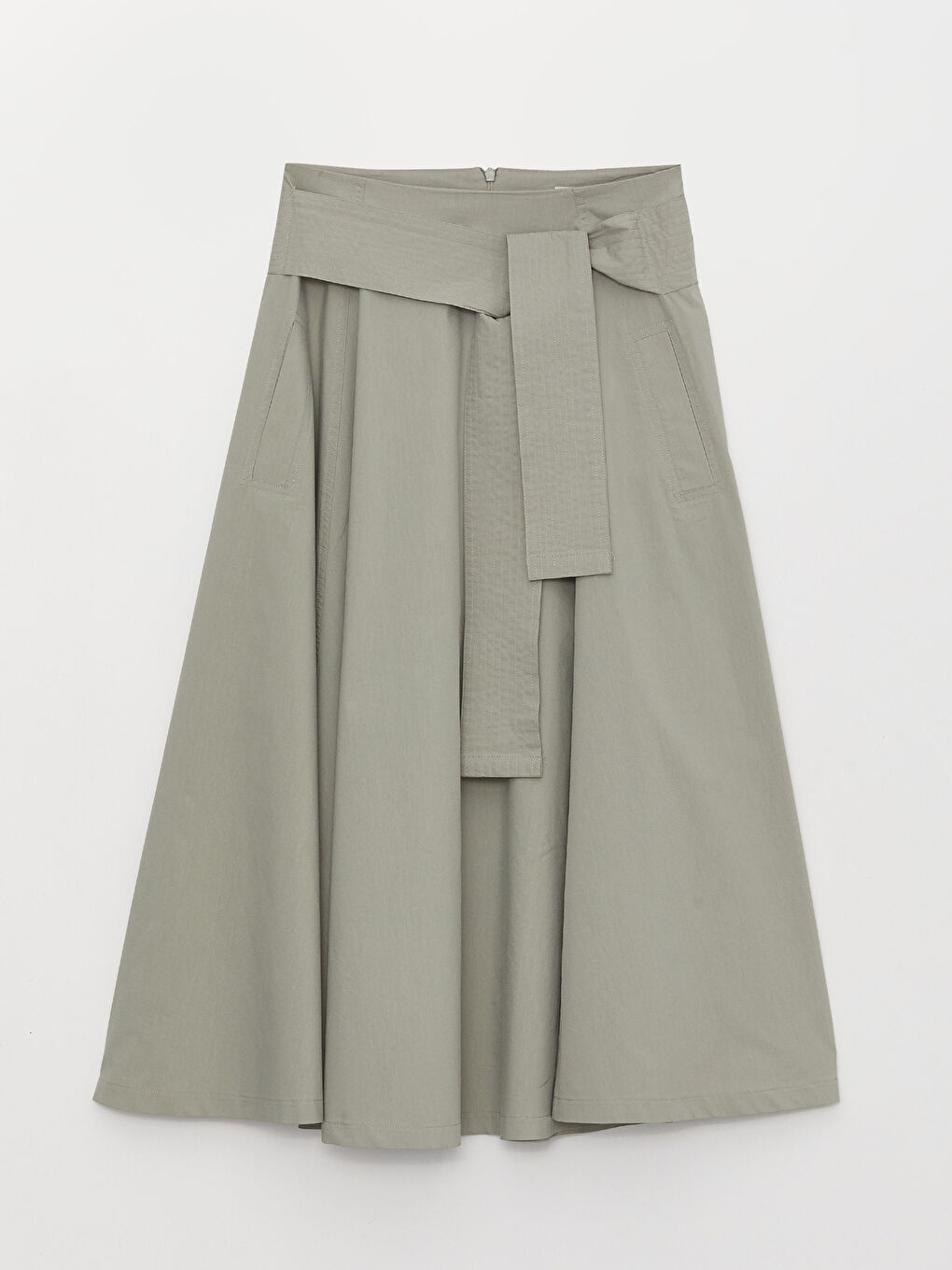 Haki Beli Fermuarlı Düz Poplin Kadın Etek-6