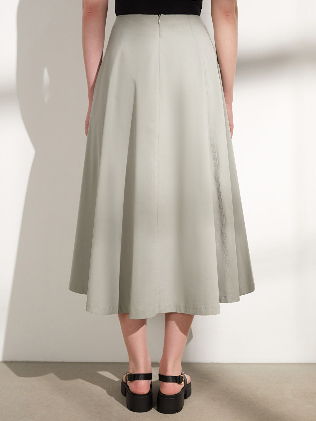 Haki Beli Fermuarlı Düz Poplin Kadın Etek-5