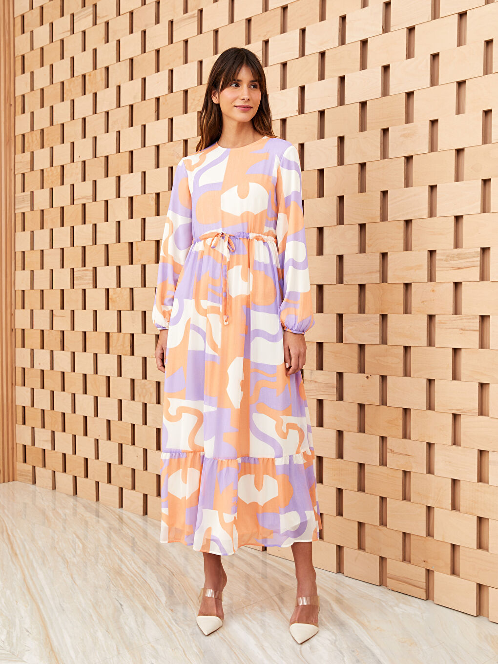 Crew Neck Patterned Long Sleeve Chiffon Women's Dress -S3HK11Z8-LSR