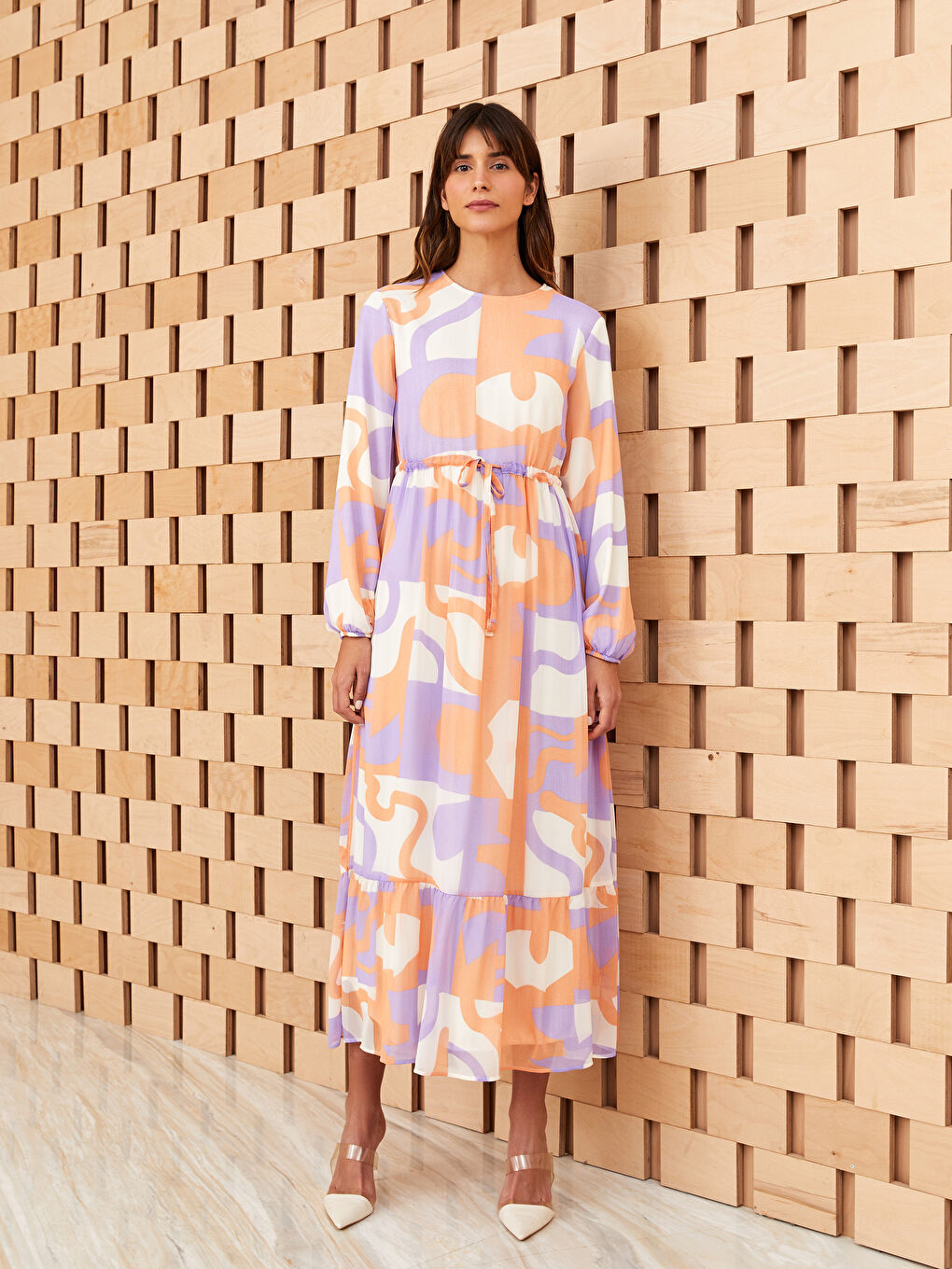 Crew Neck Patterned Long Sleeve Chiffon Women's Dress -S3HK11Z8-LSR