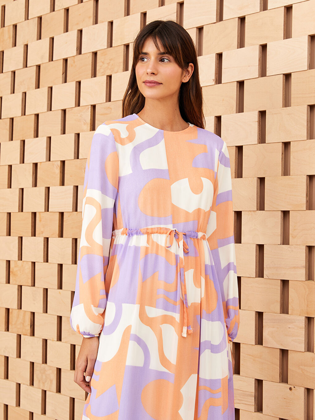 Crew Neck Patterned Long Sleeve Chiffon Women's Dress -S3HK11Z8-LSR