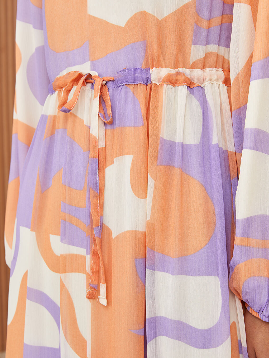Crew Neck Patterned Long Sleeve Chiffon Women's Dress -S3HK11Z8-LSR