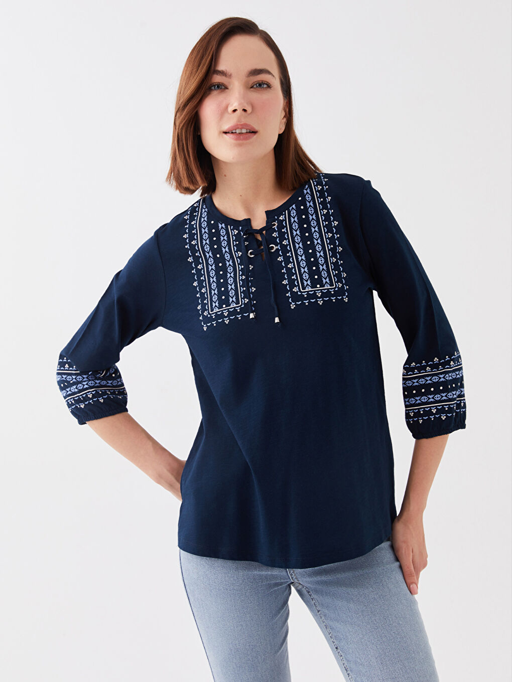 LCW Grace Tie Neck Embroidered Women's Blouse -S3HK59Z8-E1J
