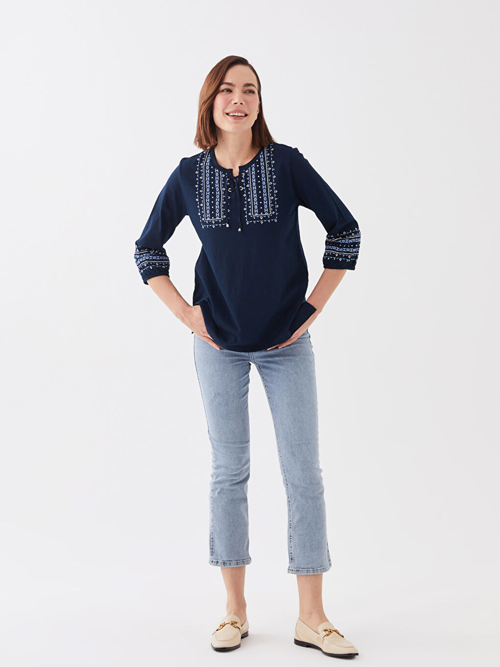 LCW Grace Tie Neck Embroidered Women's Blouse -S3HK59Z8-E1J