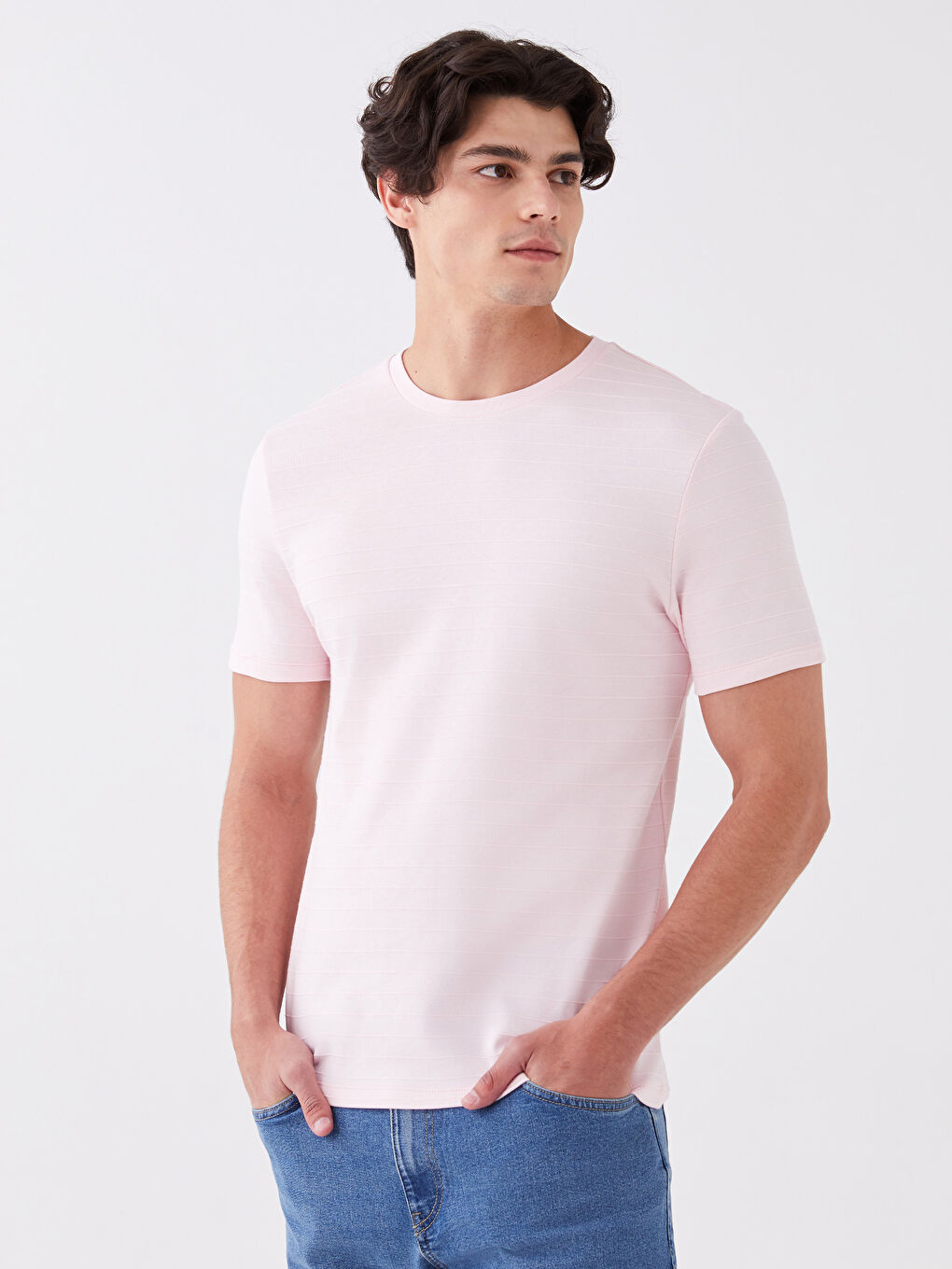 Pembe Bisiklet Yaka Penye Erkek Tişört