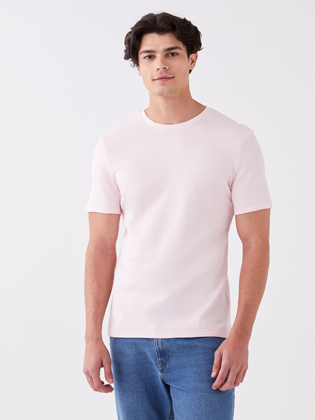 Pembe Bisiklet Yaka Penye Erkek Tişört-1