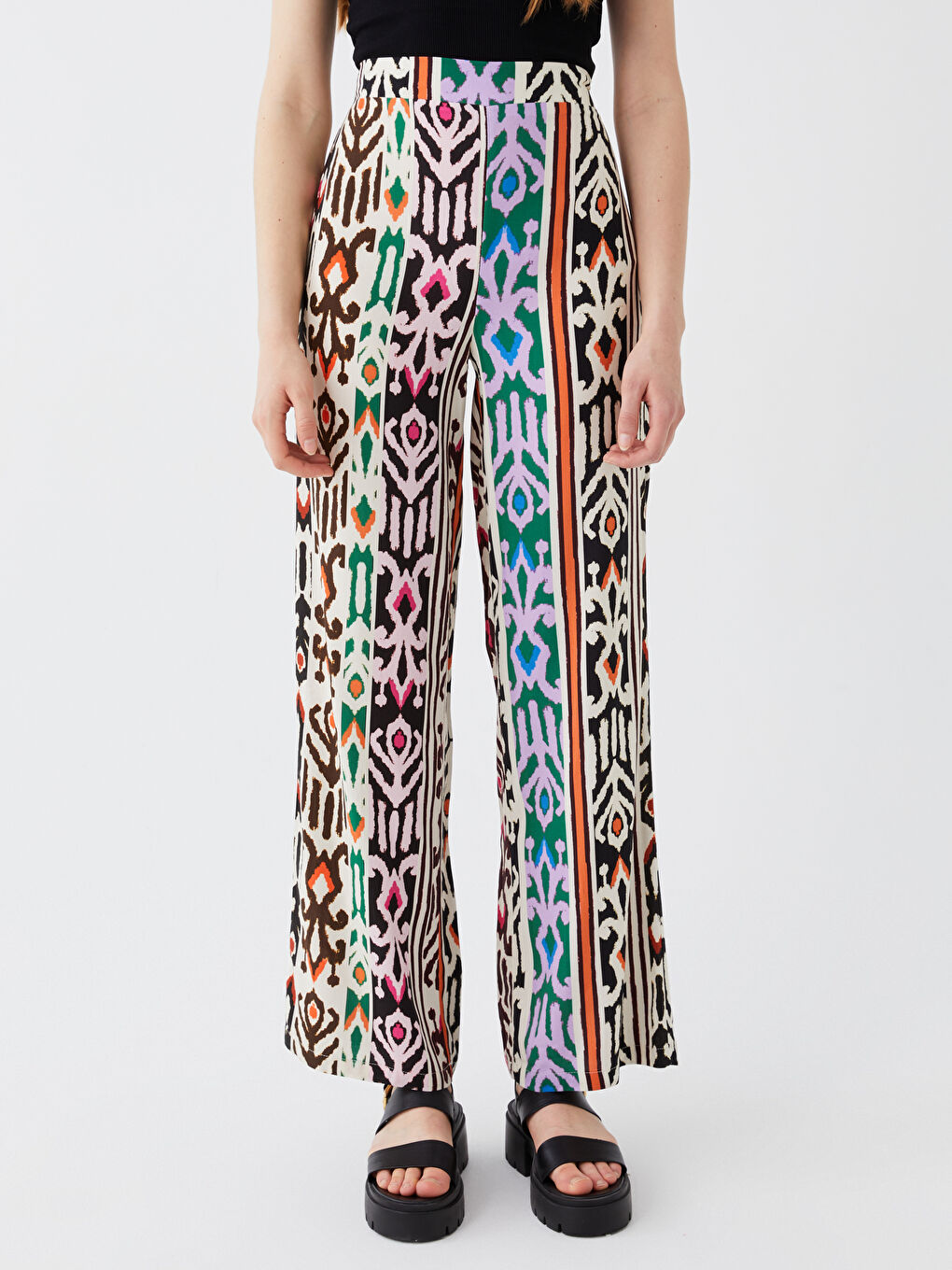 Siyah Beli Lastikli Rahat Kalıp Desenli Kadın Pantolon-2