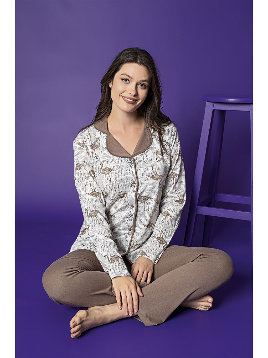 Kahverengi Gömlek Yaka Uzun Kollu Kadın Pijama Takım