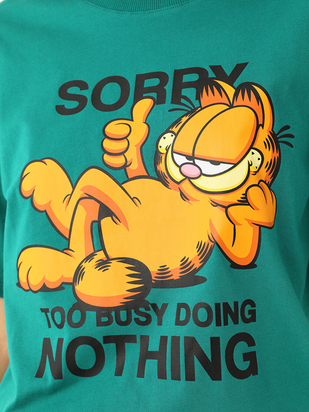 Yeşil Bisiklet Yaka Garfield Baskılı Kısa Kollu Oversize Kadın Tişört-3