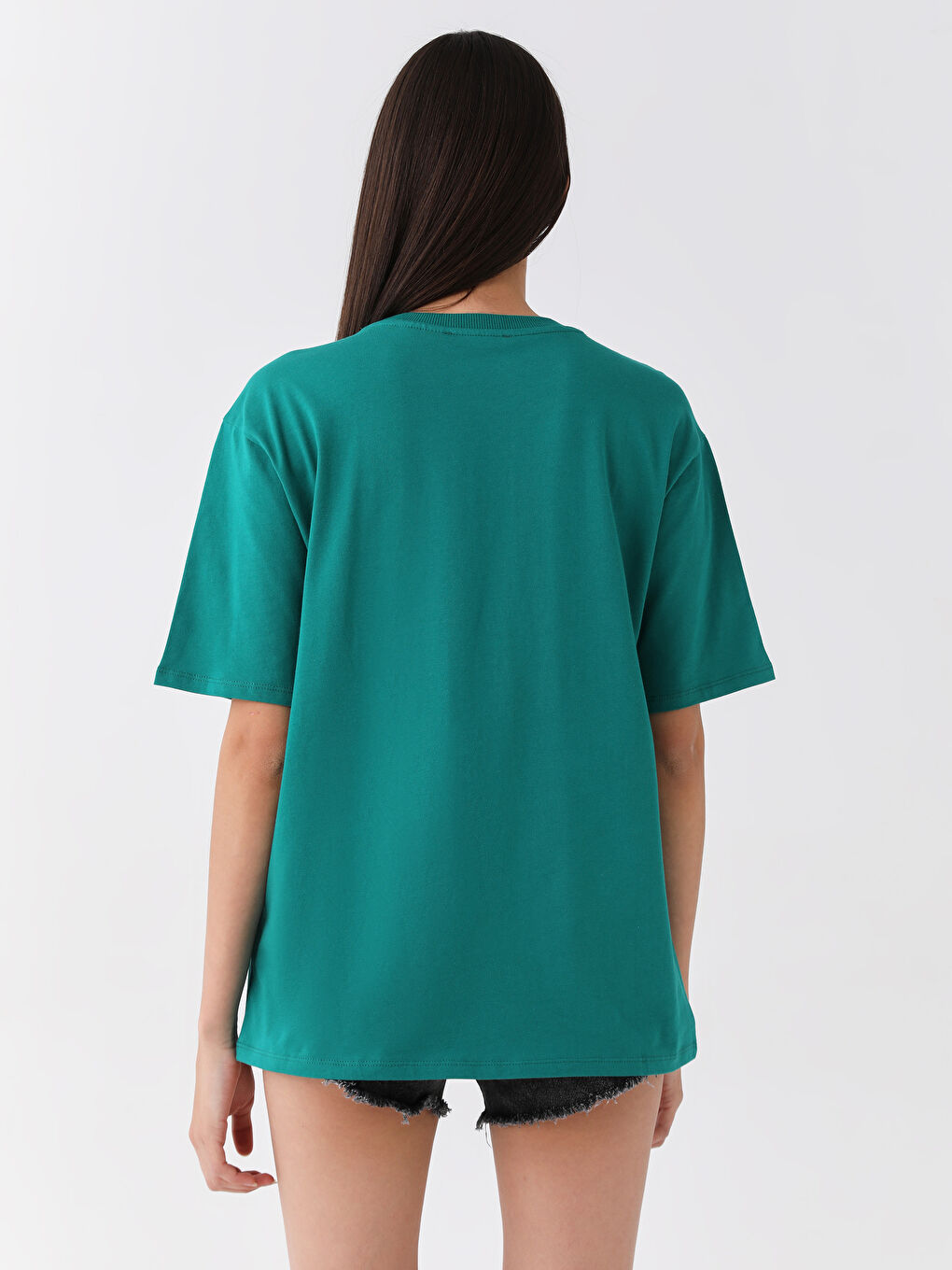 Yeşil Bisiklet Yaka Garfield Baskılı Kısa Kollu Oversize Kadın Tişört-4