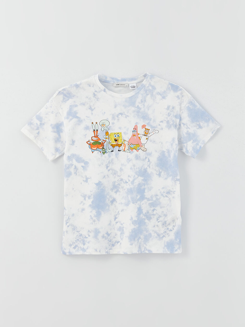 Beyaz Bisiklet Yaka Sünger Bob Baskılı Kısa Kollu Kadın Tişört-5