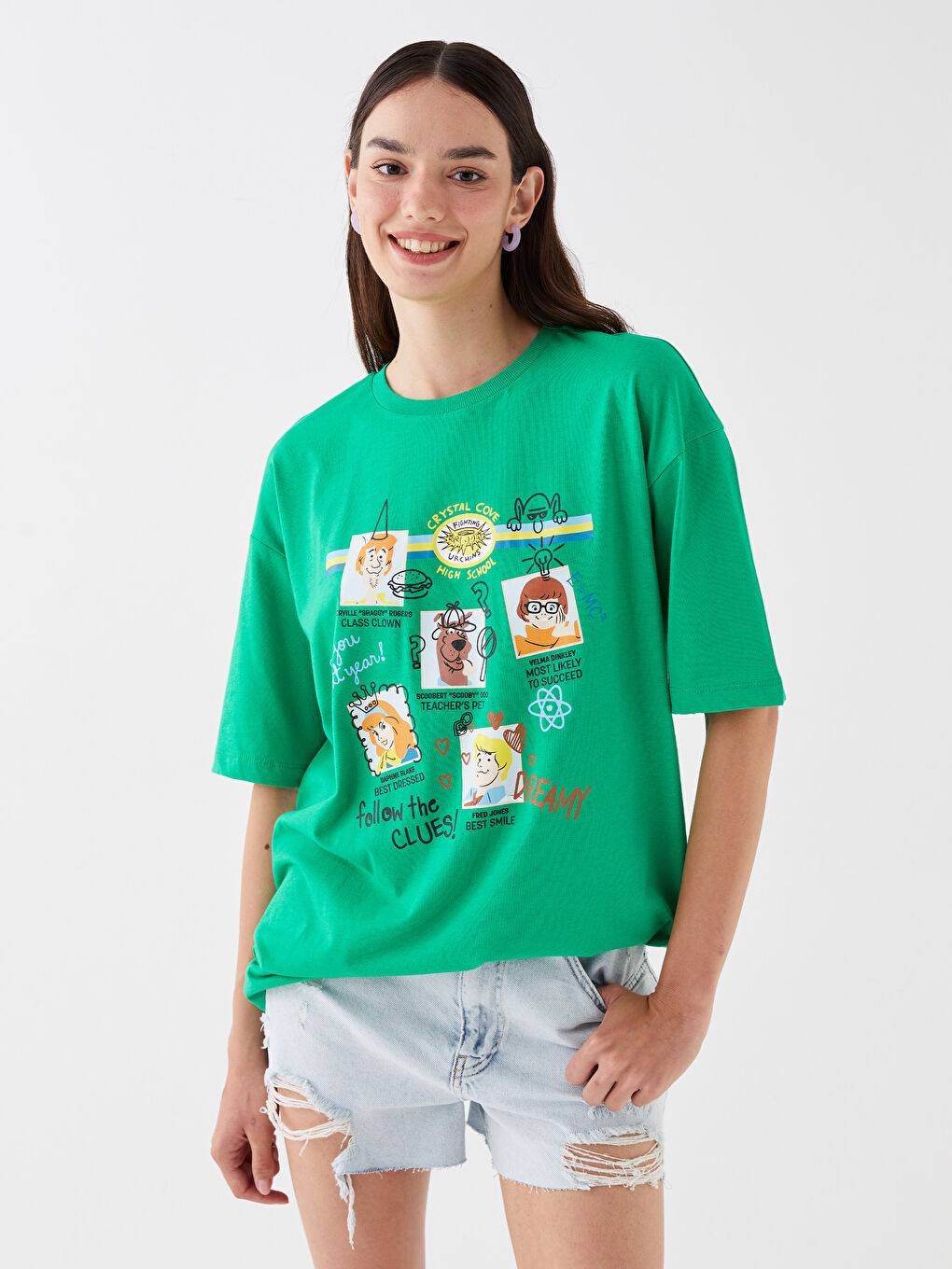 Yeşil Bisiklet Yaka Scooby Doo Baskılı Kısa Kollu Oversize Kadın Tişört