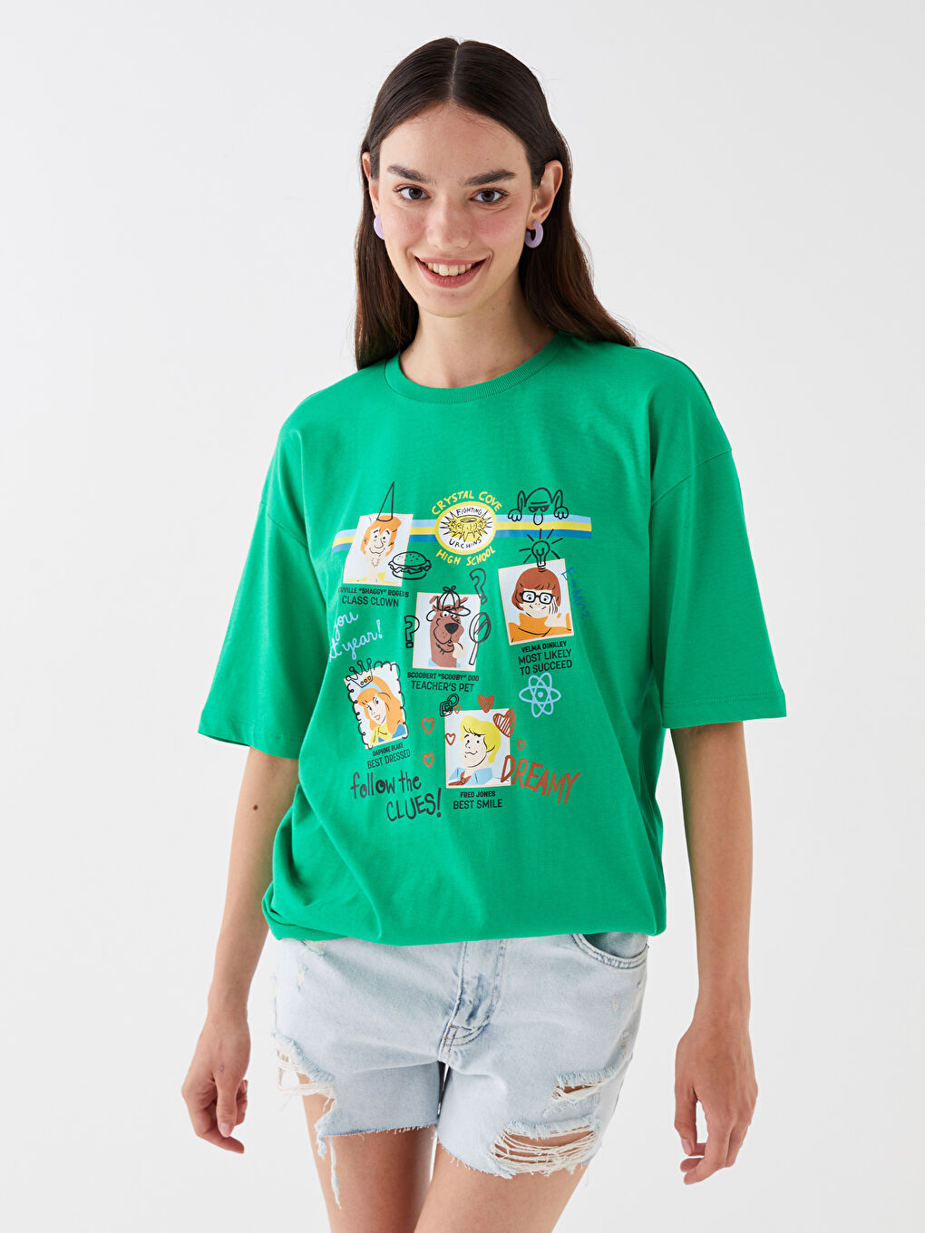 Yeşil Bisiklet Yaka Scooby Doo Baskılı Kısa Kollu Oversize Kadın Tişört-1