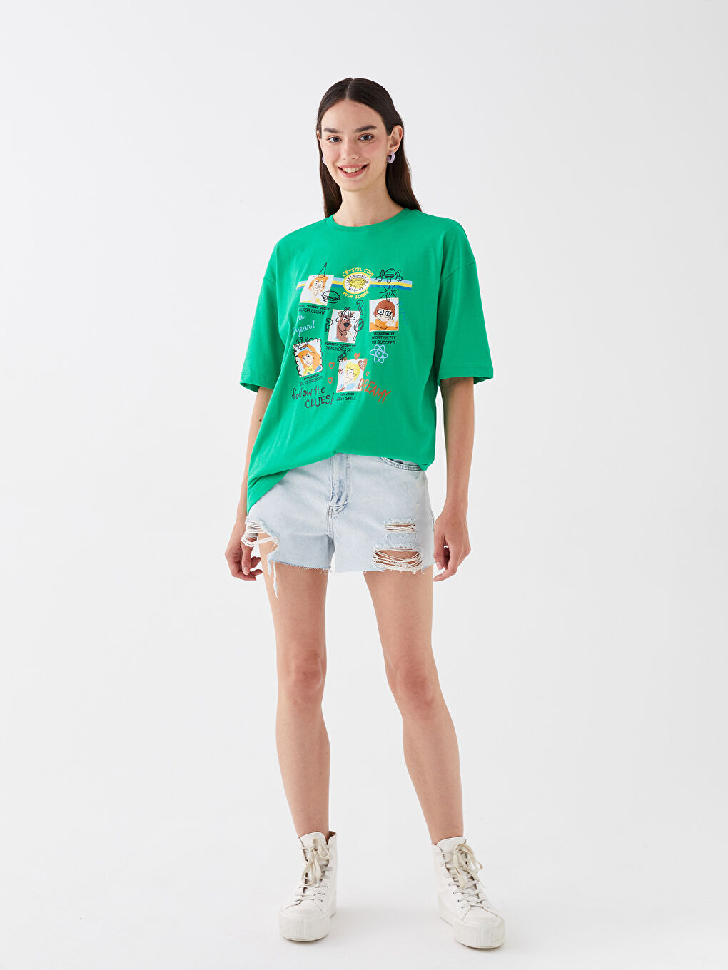 Yeşil Bisiklet Yaka Scooby Doo Baskılı Kısa Kollu Oversize Kadın Tişört-2