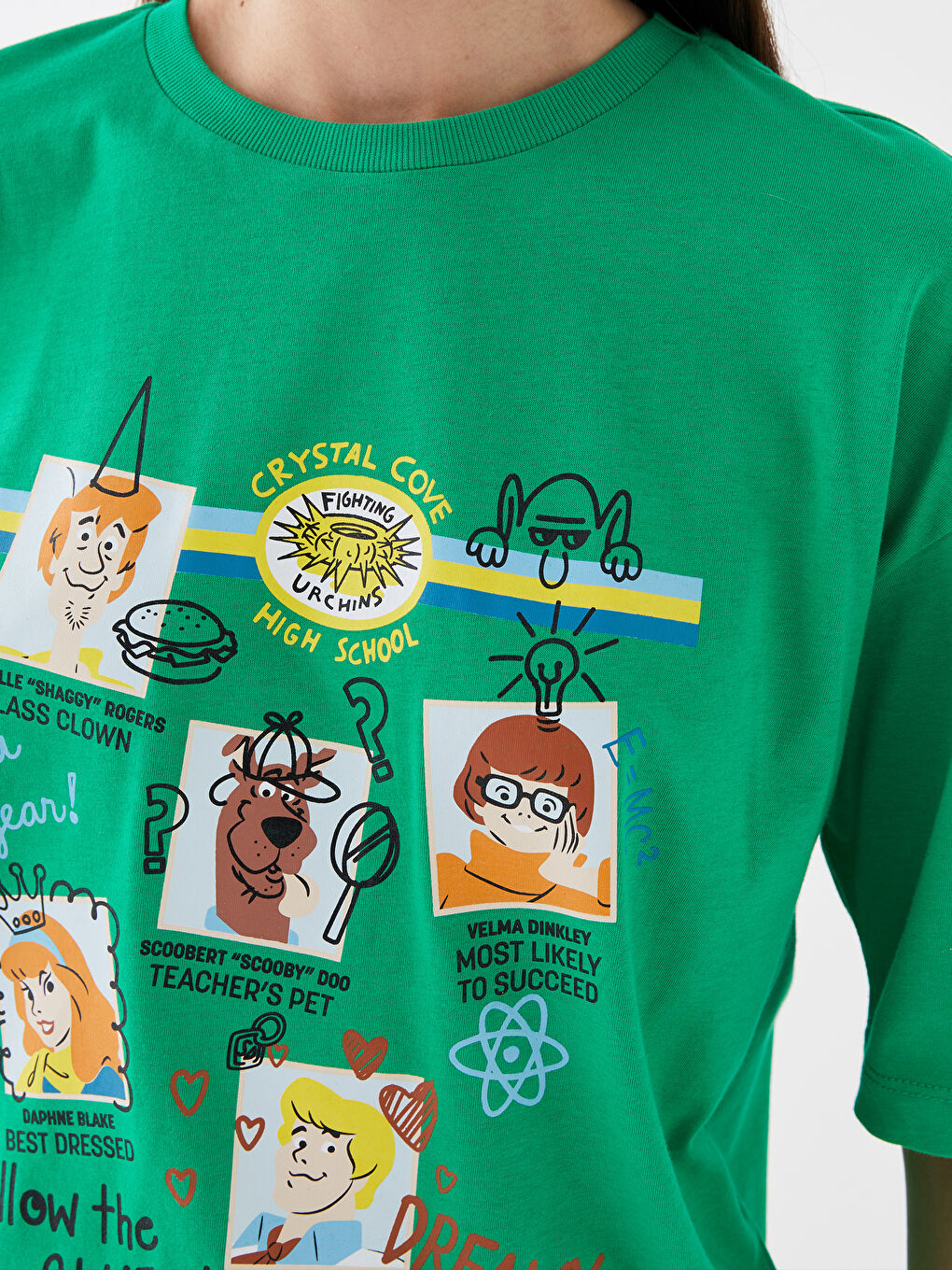 Yeşil Bisiklet Yaka Scooby Doo Baskılı Kısa Kollu Oversize Kadın Tişört-3