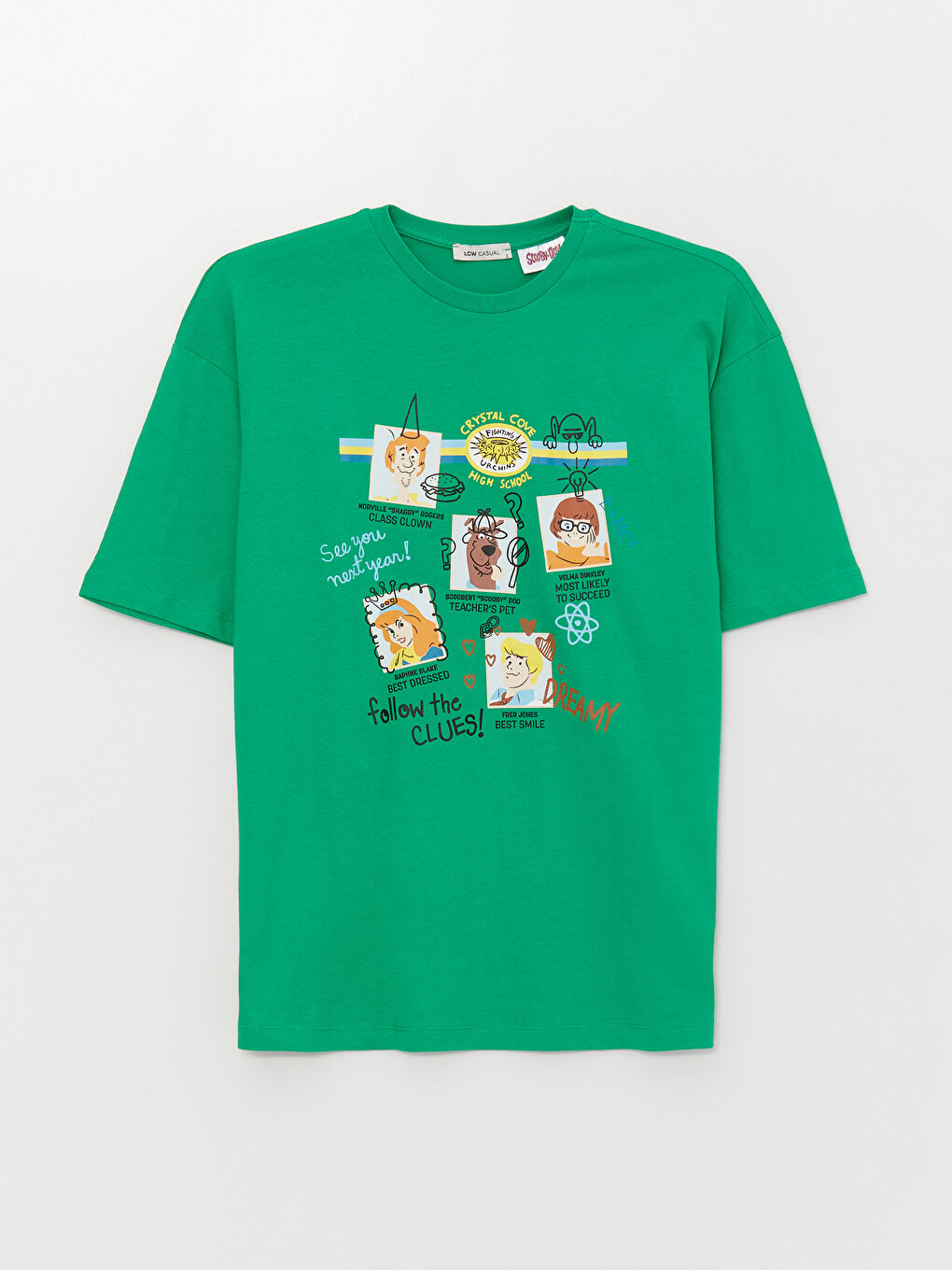 Yeşil Bisiklet Yaka Scooby Doo Baskılı Kısa Kollu Oversize Kadın Tişört-5