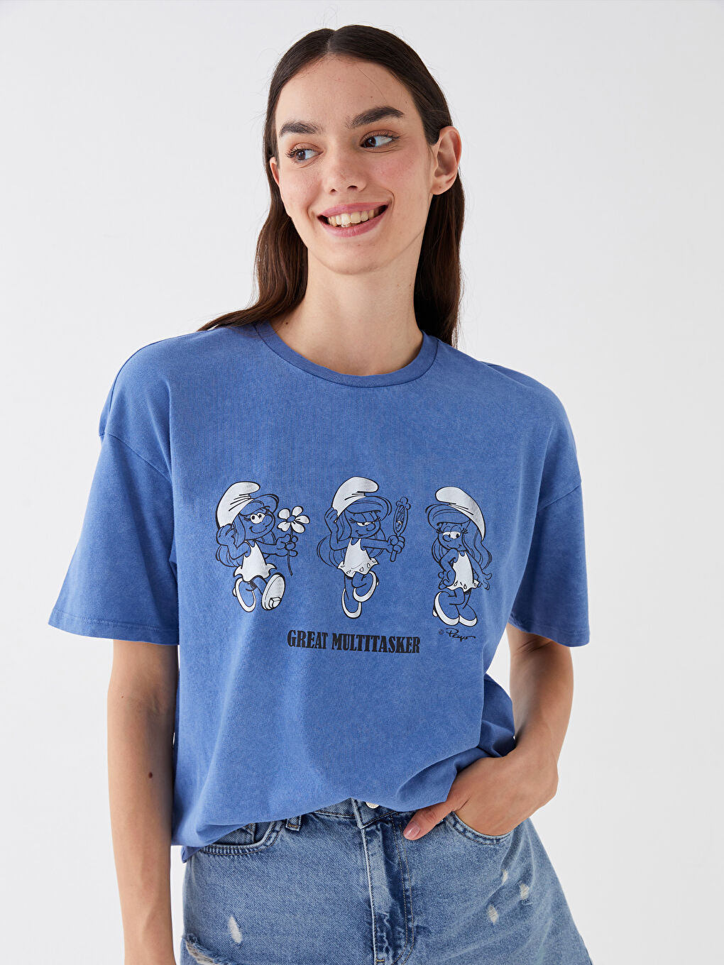 Crew Neck Smurfs Printed Short Sleeve Women's T-Shirt