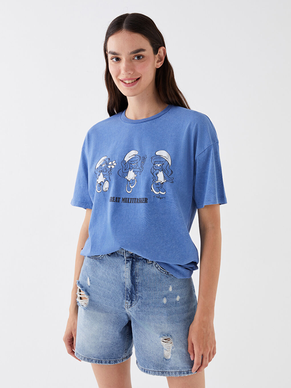 LCW Vision Crew Neck Smurfs Printed Short Sleeve Women's T