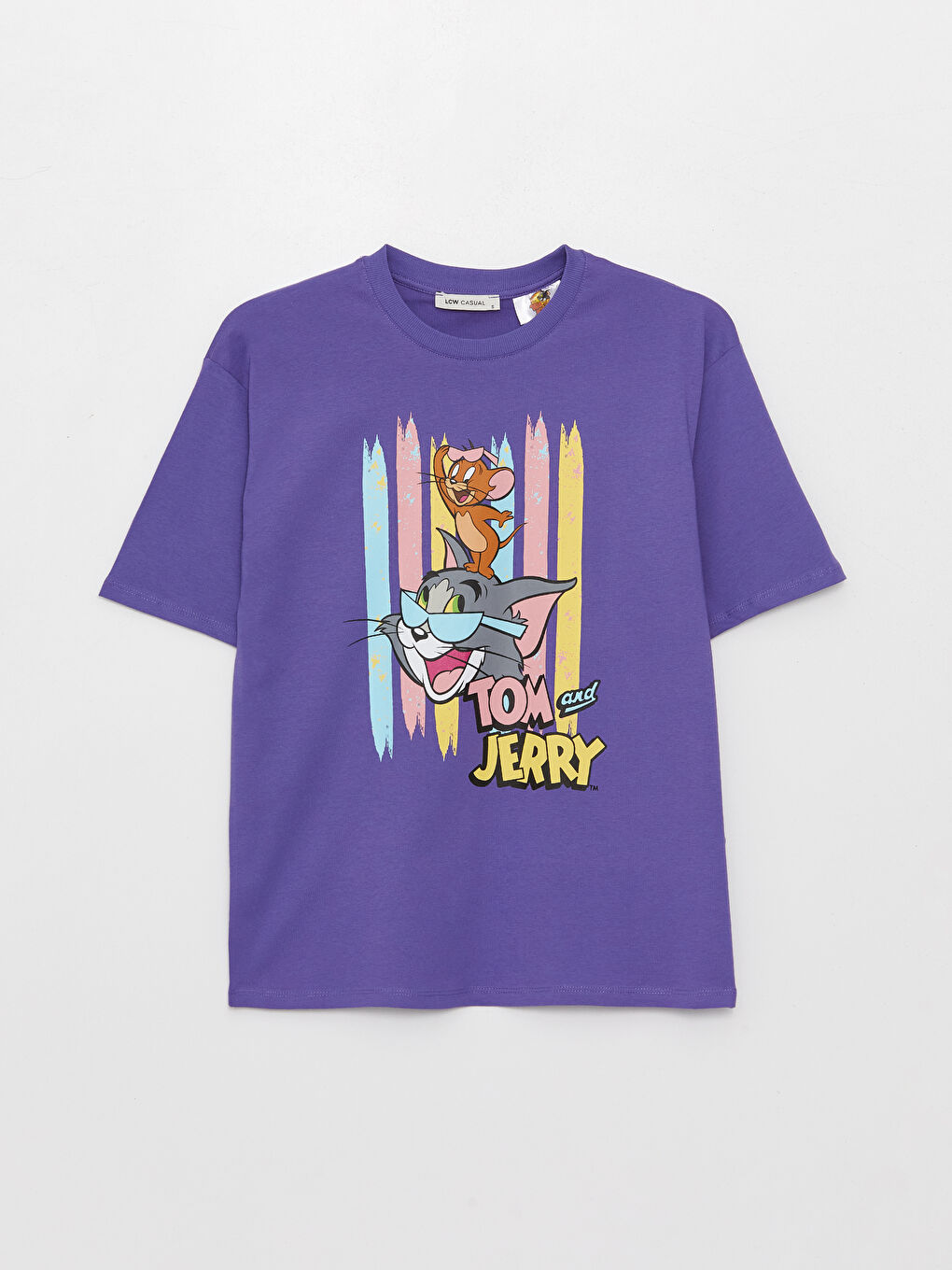 Mor Bisiklet Yaka Tom & Jerry Baskılı Oversize Kadın Tişört-5